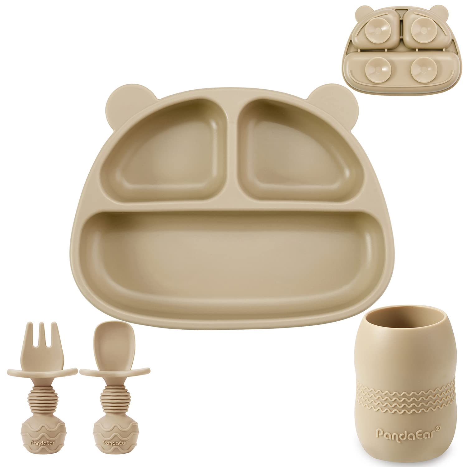 PandaEar Silicone Baby Suction Plate Set with Spill-Proof Cup & Spoon Fork - BPA Free Divided Toddler Dish for Self Feeding | Perfect for Highchair, Travel & Mess-Free Mealtime