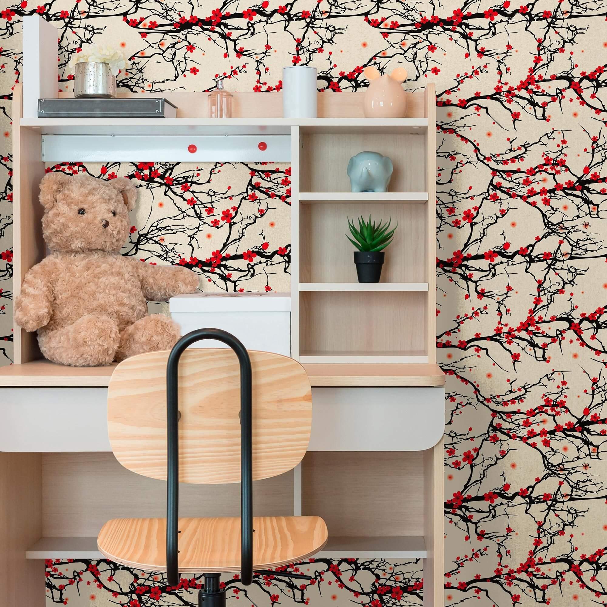 Black and Red Japanese Floral Peel and Stick Removable Wallpaper - Self-Adhesive Decorative Vinyl for Bedroom, Living Room, Office - Easy to Apply & Remove