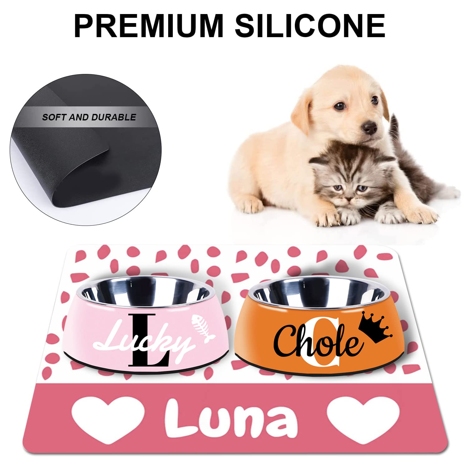 Custom Non-Slip Waterproof Pet Food Mat - Personalized Dog & Cat Bowl Mat with PU Bottom for Floors, Anti-Slip Feeding Mat for Pets (Pink Love) - Perfect for Messy Eaters & Spill Protection in Kitchen or Dining Area