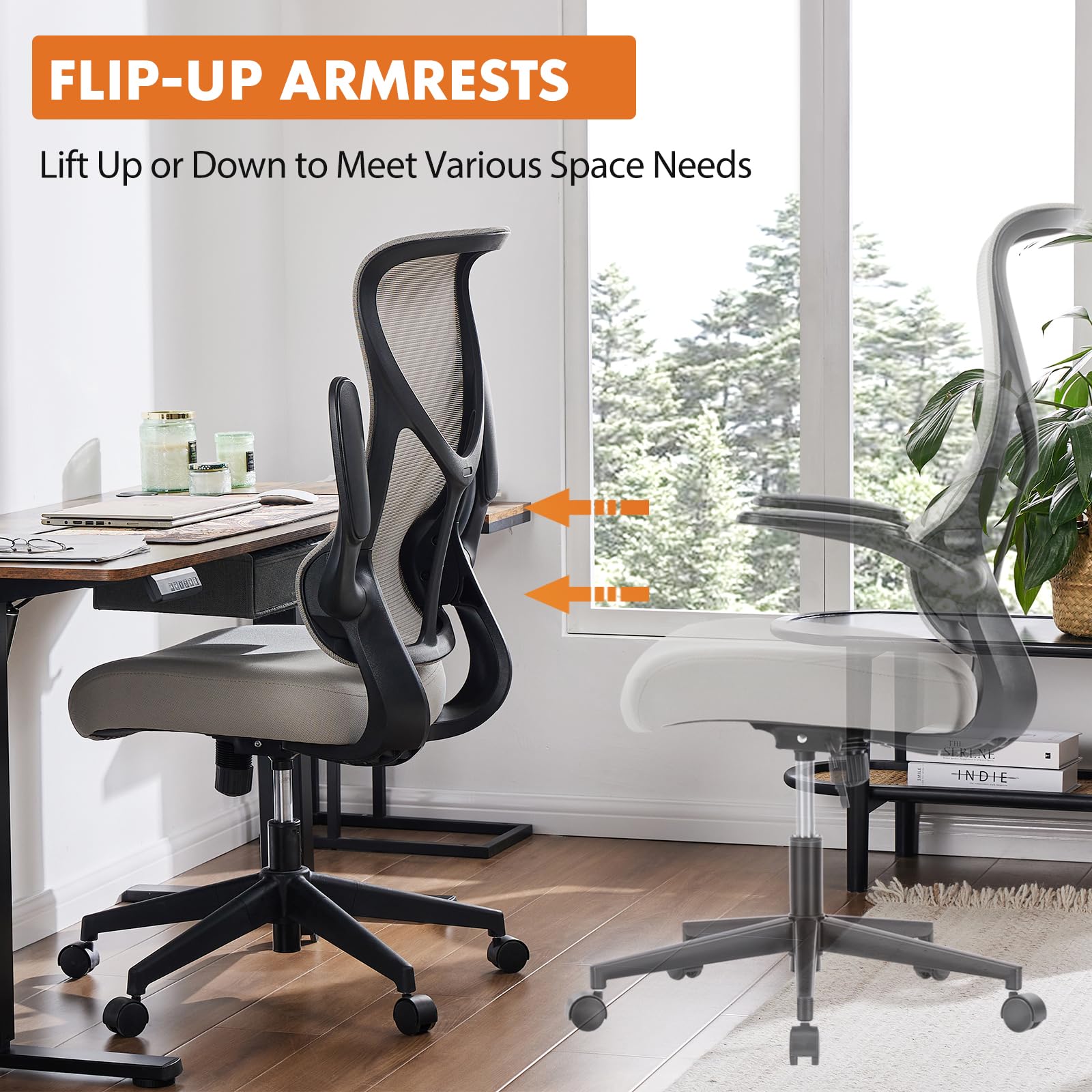 Ergonomic Office Chair with High Back - Adjustable Swivel Rolling Desk Chair with Flip-Up Arms & Breathable Mesh - Comfortable for Home Office, Gaming & Work - Grey