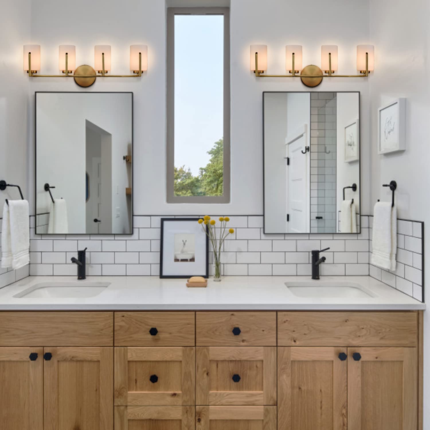 Farmhouse Gold Vanity Light - 4-Light Bathroom Mirror Lighting Fixture with Opal Glass Cylinders for Modern & Rustic Decor | Perfect for Bathroom, Powder Room & Dressing Area