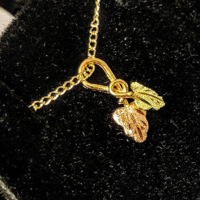 10kt Solid Gold Three-Tone Two Leaf Pendant with Red & Green Enamel - Includes 18