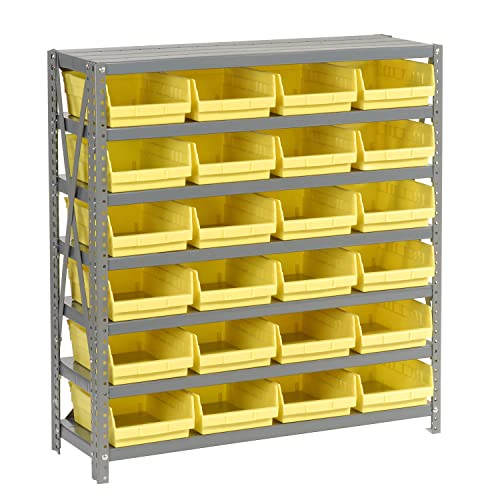 7-Shelf Steel Storage Rack with 24 Plastic Bins - Heavy Duty Industrial Shelving Unit, 36x12x39 Inches, Yellow - Perfect for Warehouse, Garage & Retail Organization