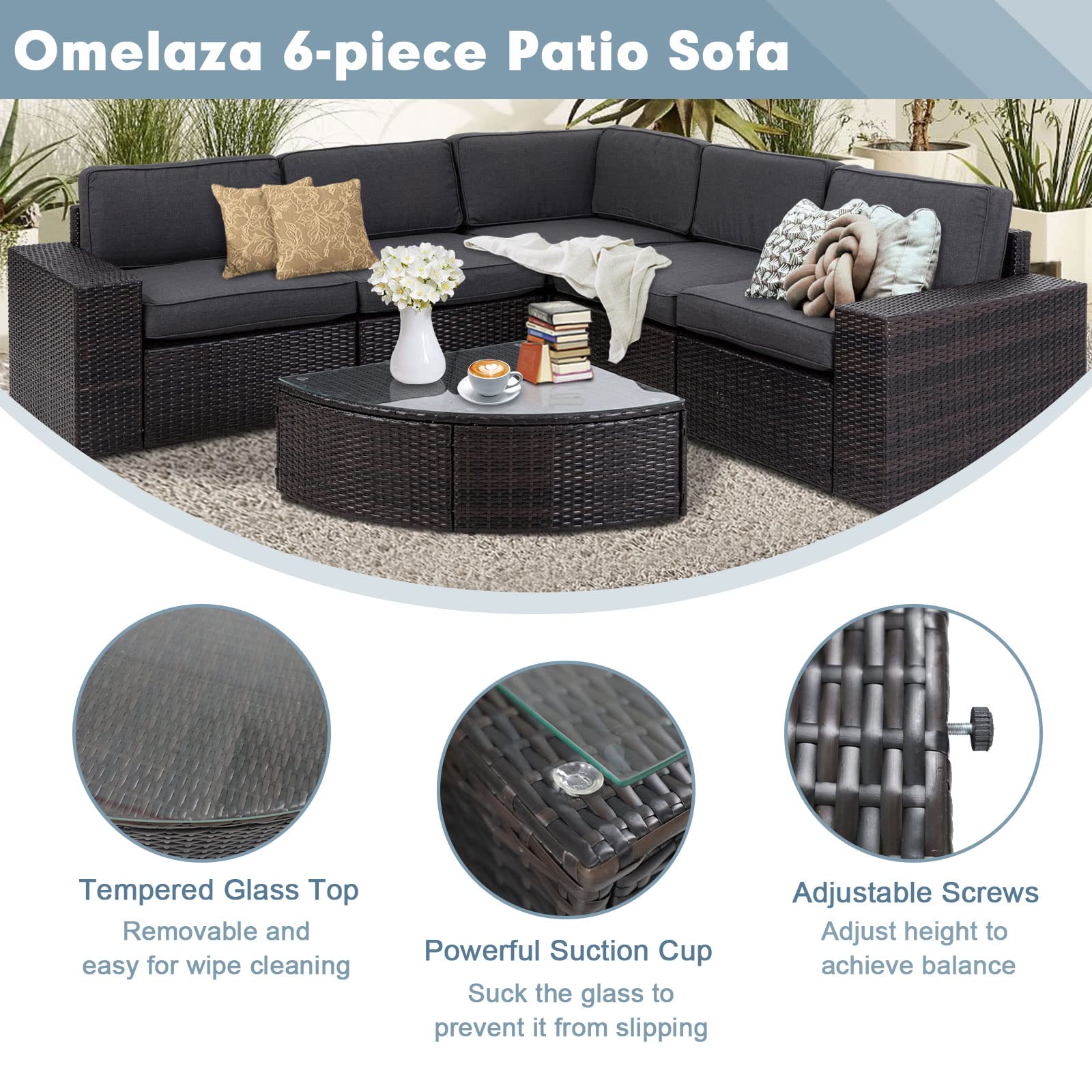 6-Piece Outdoor Sectional Sofa Set - Patio Wicker Furniture with Tempered Glass Table & Cushions (Grey) - Perfect for Backyard, Garden, Poolside & Outdoor Conversations