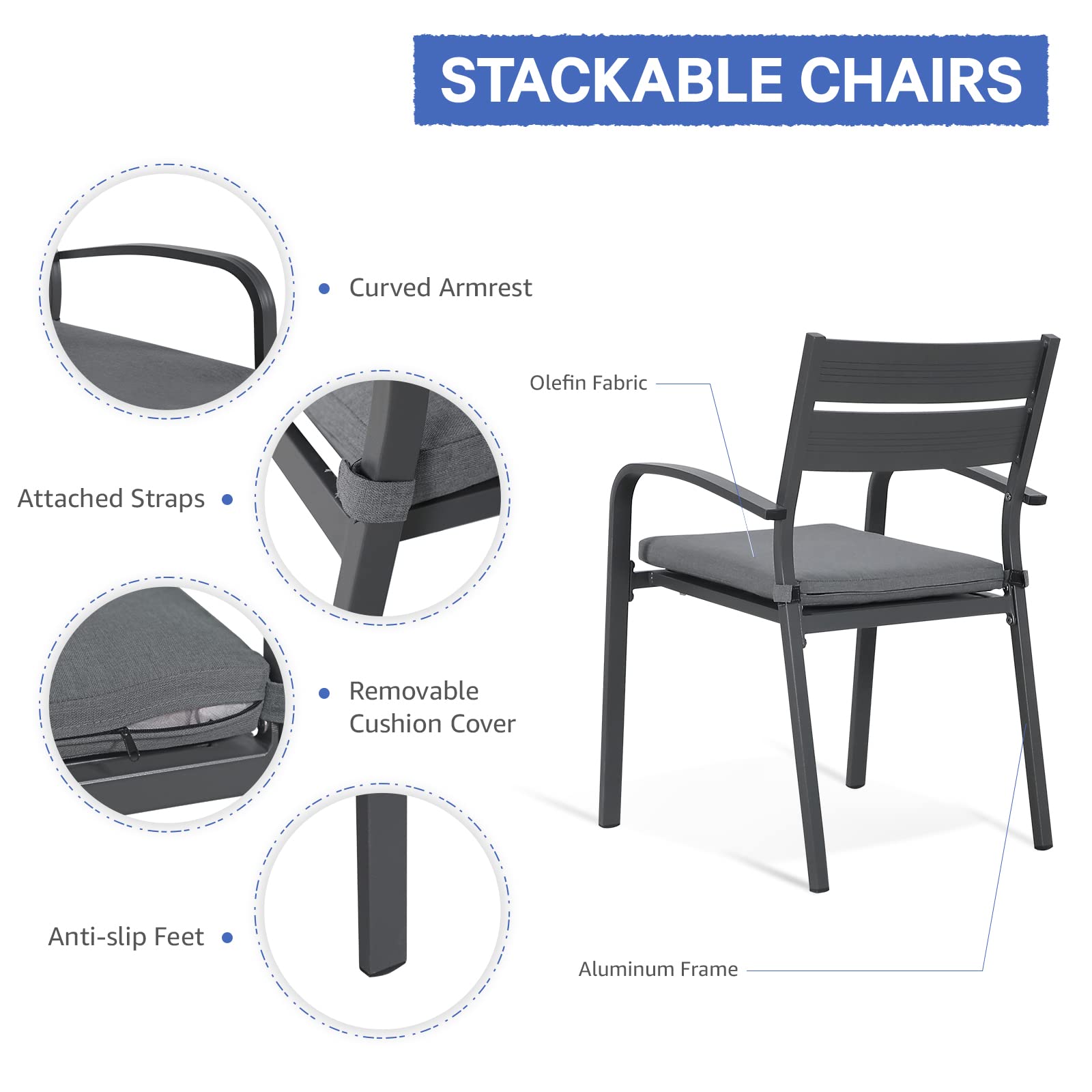 5-Piece Outdoor Dining Set with Round Table & 4 Stackable Chairs - Aluminum Patio Furniture Set with Cushions & Umbrella Hole - Perfect for Garden, Yard, Porch & Poolside - Dark Gray