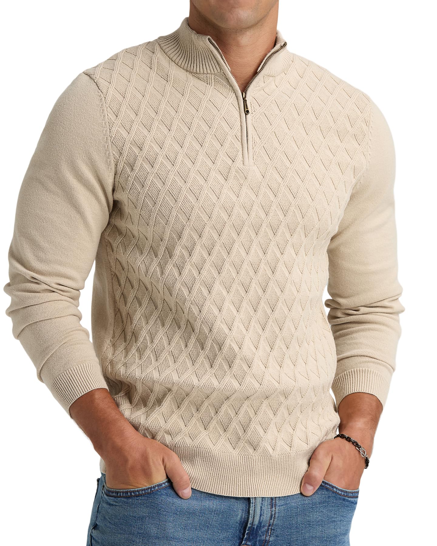 Men's Quarter Zip Sweater - Textured Knit Mock Neck Pullover with Ribbed Edges | Casual Comfort for Work, Travel & Outdoor Activities