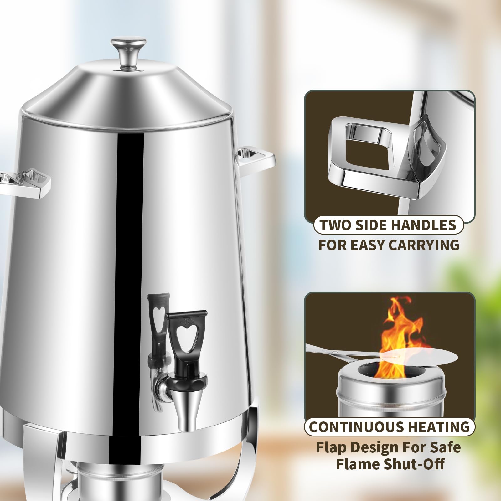 3.5 Gallon Stainless Steel Coffee Urn with Fuel Holder - Continuous Heating Beverage Dispenser with Spigot for Hot & Cold Drinks - Perfect for Parties, Buffets, Catering, and Office Events