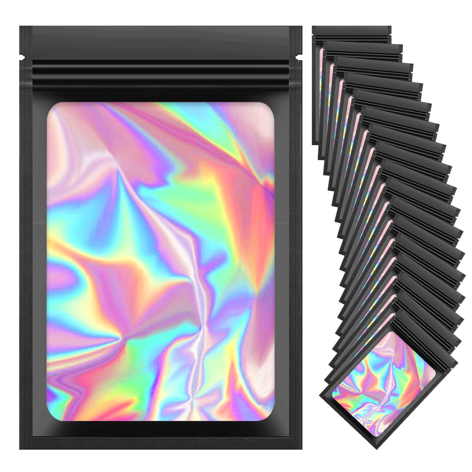 100-Pack 3.5x4.7 Inch Black Holographic Smell Proof Mylar Bags | Resealable Food Storage & Jewelry Packaging | Small Business Supplies for Organizing Eyelash Extensions, Coffee, Tea & Herbs