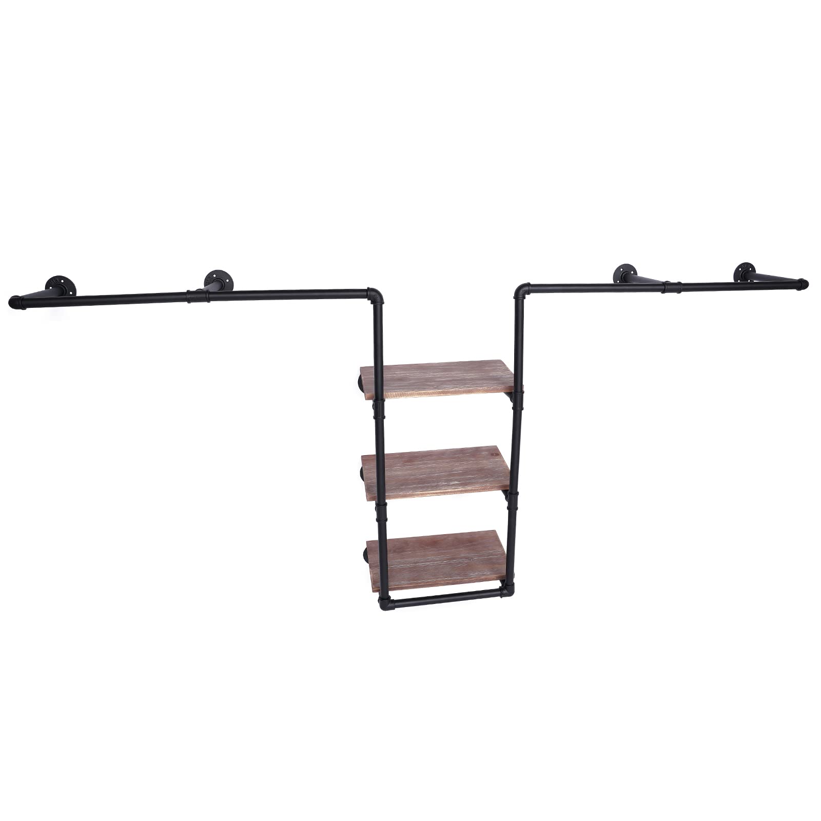 Industrial Pipe Garment Rack - Wall Mounted Clothing Rack with 3-Tier Wooden Shelf & 2 Hanging Rods, Rustic Storage Rack for Home, Boutique or Clothing Store Organization | Perfect for Bedroom, Closet & Retail Display