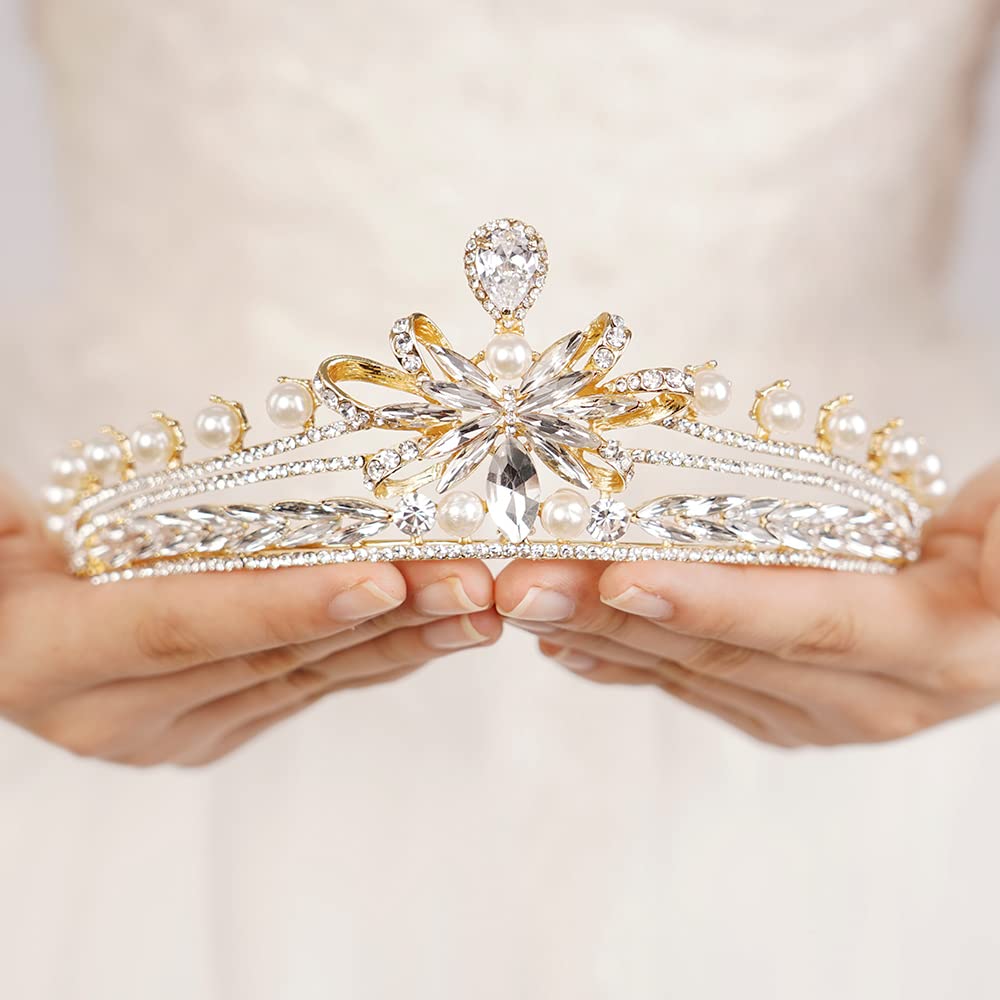 JWICOS Gold Pearl Tiara Crown for Women - Crystal Bridal Headpiece, Wedding Tiara for Bride, Prom, Pageant, Special Occasions - Elegant Princess Accessory Gift (Gold) | Perfect for Weddings, Proms, Pageants, Birthday Parties & Photo Shoots