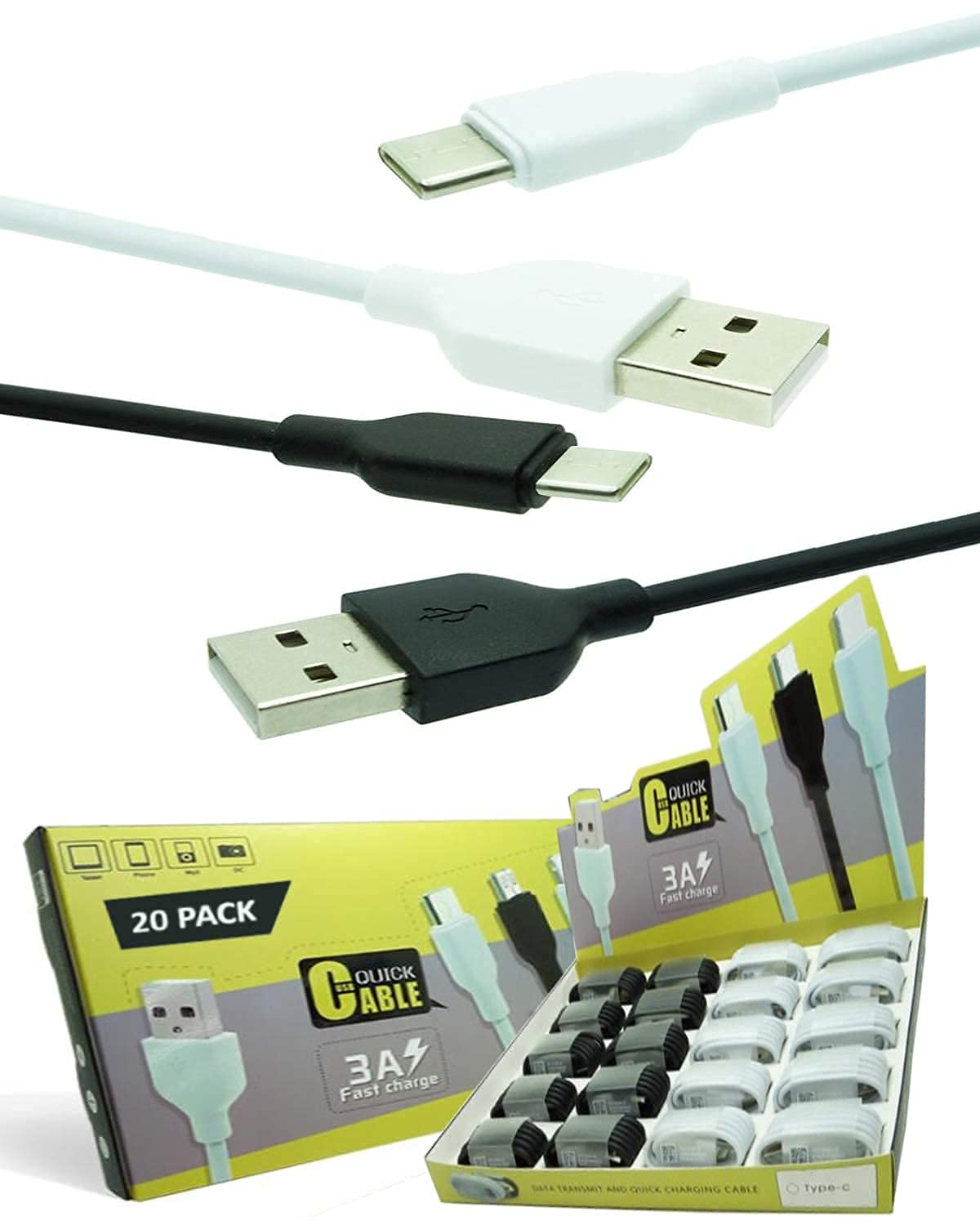 20-Pack 3.3ft USB-A to USB-C Fast Charging Cable - 3A High-Speed Charger Cord Compatible with Samsung Galaxy S10/S9/S8/S20/S21/Plus/A52/A21/A32/A11, Note 10/9/8 & PS5 Controller - Perfect for Home, Office, Travel and Multi-Device Charging