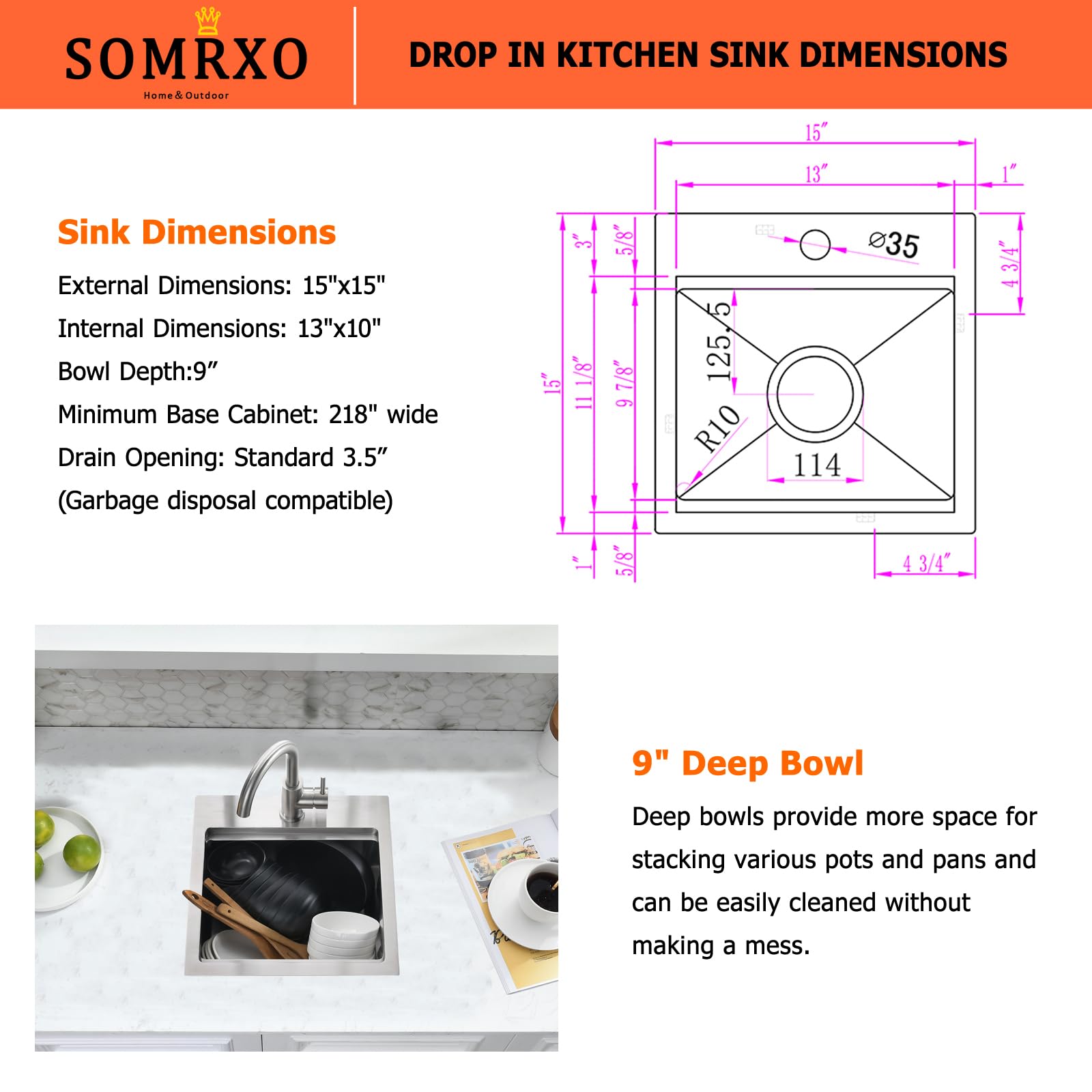 15x15 Drop-In Bar Sink Workstation - 16 Gauge Stainless Steel Top Mount Kitchen Sink for Small Spaces, RV, Outdoor & Commercial Use | Perfect for Bars, Outdoor Kitchens & Tiny Homes