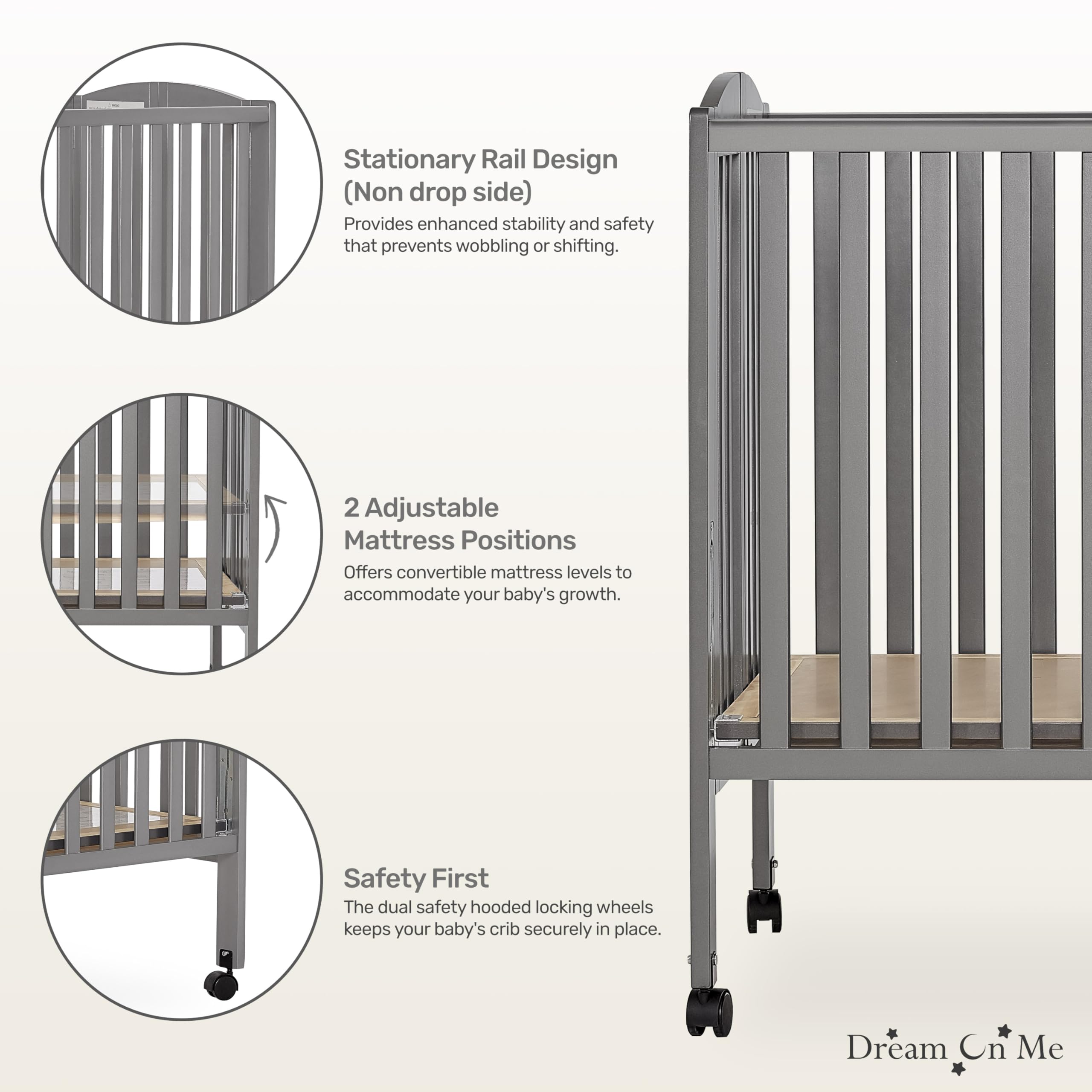 Dream On Me Full Size 2-in-1 Folding Stationary Baby Crib with Locking Wheels & Teething Guard - Steel Grey, Non-Toxic Finish, Space-Saving Foldable Design for Nursery or Travel Use