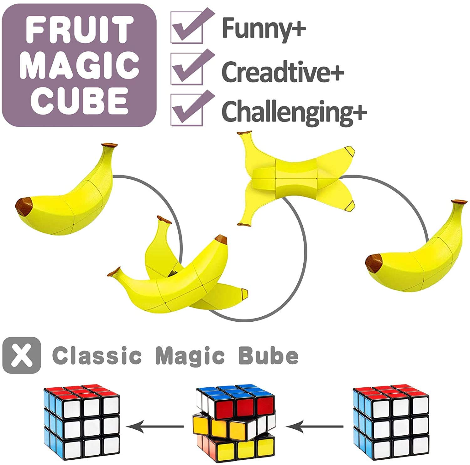 Toyshine 3x3 Magic Speed Cube - Banana Shaped Stress Relief Puzzle Toy for Adults & Kids | Educational Brain Teaser Game for Boys & Girls Ages 3+ | Perfect for Office, Travel & Family Game Night