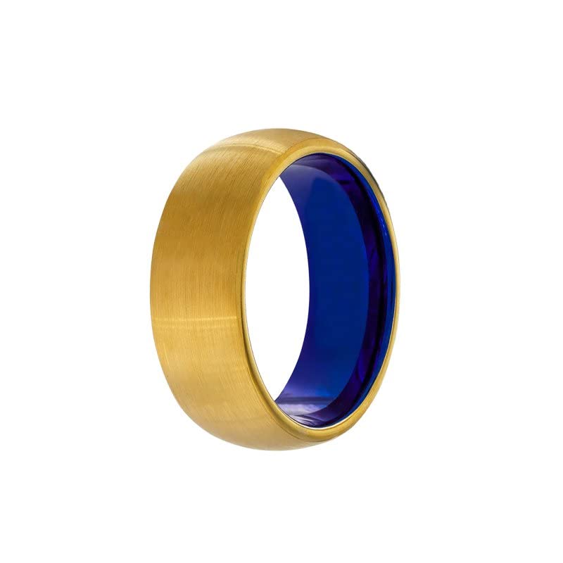 14K Yellow Gold Tungsten Men's Wedding Band with Blue Interior - 8mm Comfort Fit Ring for Him, Unique Promise & Anniversary Gift - Perfect for Engagements, Weddings & Special Occasions