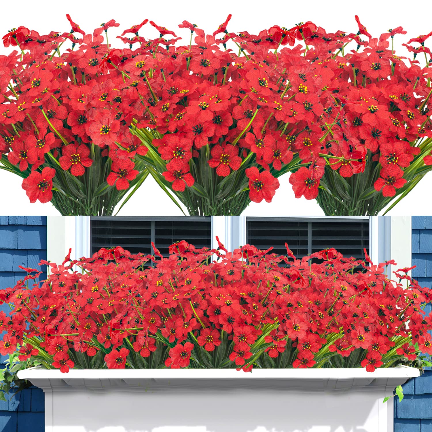 20 Bundles UV Resistant Artificial Flowers for Outdoor Decor - Faux Red Roses for Garden, Porch, Patio & Wedding Arrangements