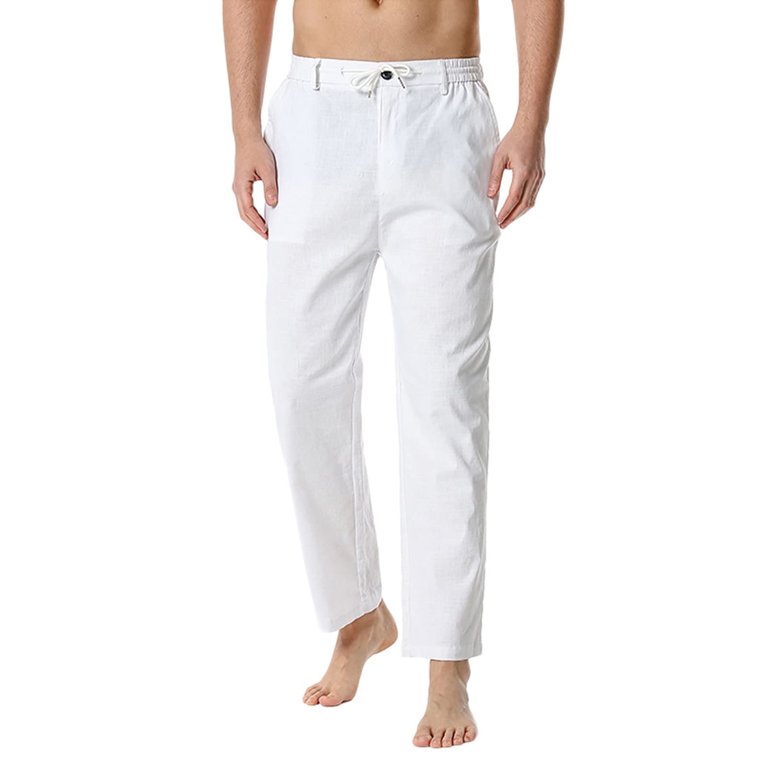Lightweight Cotton-Linen Casual Pants for Men - Elastic Waist Loose Fit Comfortable Home Wear & Outdoor Lounge Pants - Black