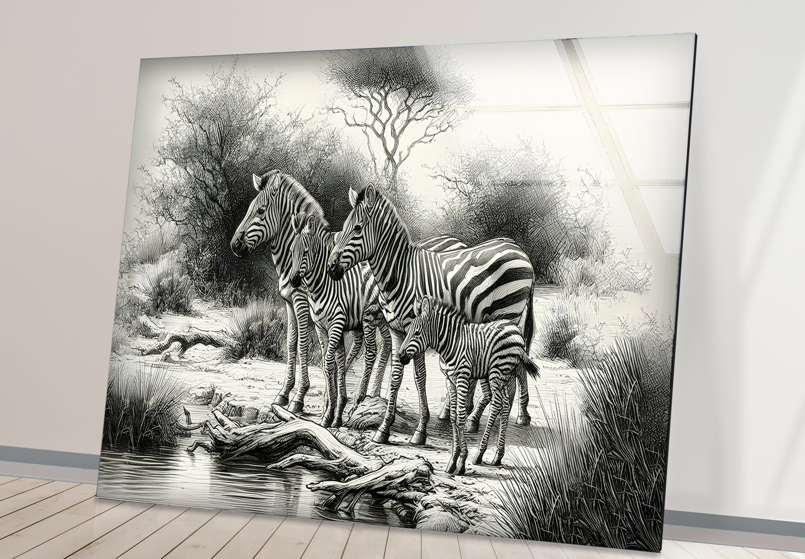 Black and White Zebra Family Glass Wall Art - Modern Home Decor for Living Room, Bedroom & Office - Unique Animal Print Wall Art for Safari & Wildlife Theme Decor