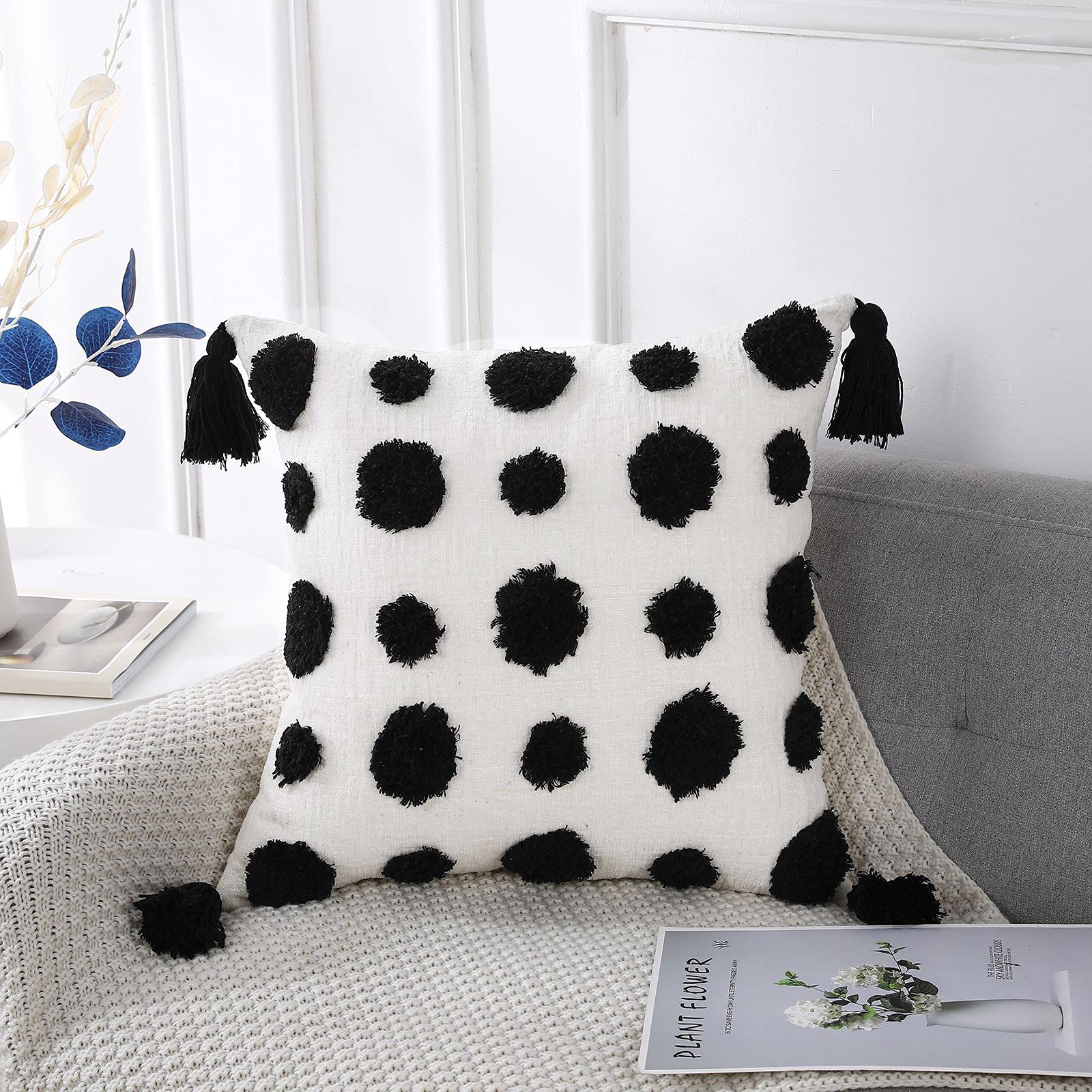 PANOD Super Soft Farmhouse Decorative Plush Throw Pillow Covers 24x24 Inches - Black Solid Pom Pom Tufted with Tassels, Modern Boho Square Cushion Cover for Couch, Sofa & Bed - Perfect for Living Room, Bedroom Decor & Cozy Home Accents