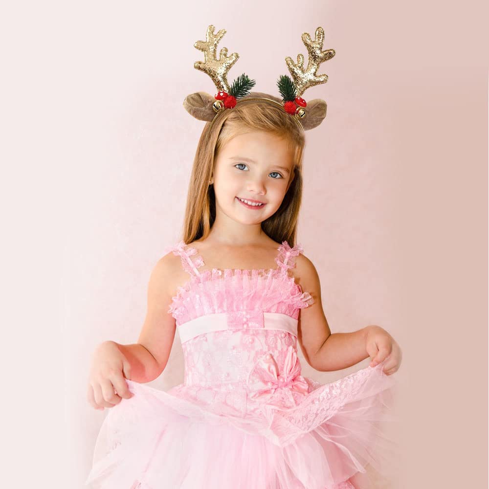 Glitter Christmas Elk Antler Headbands for Women & Girls - Golden Deer Antler Hair Bands for Holiday Parties, Costume Accessories & Festive Gifts | Perfect for Christmas Photos, Office Parties & Family Gatherings