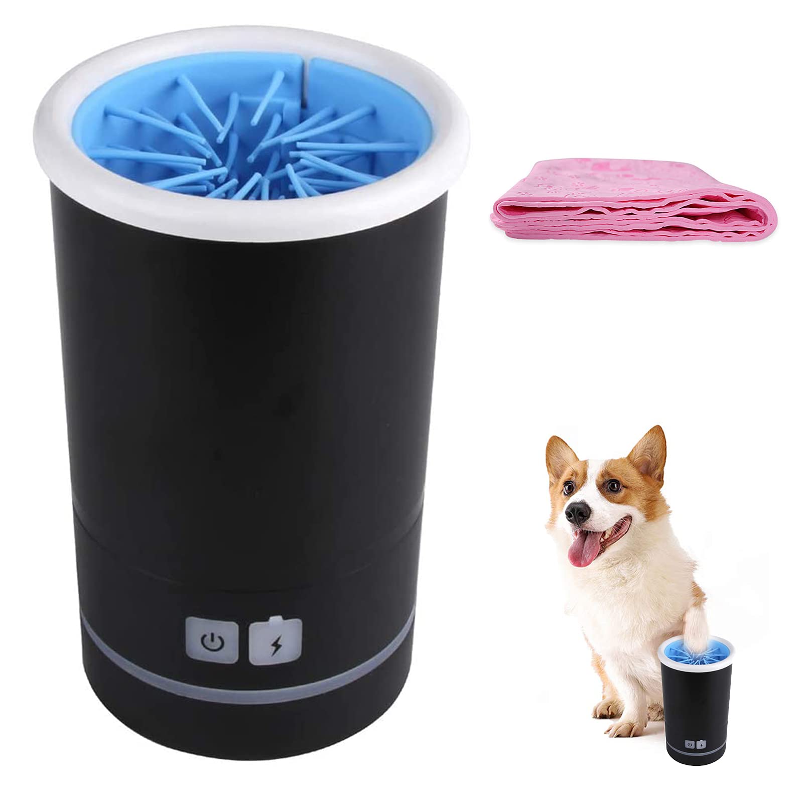 Portable Electric Pet Paw Washer Cup - Automatic Dog & Cat Paw Cleaner with Silicone Brush, USB Charging & Towel - Ideal for Cleaning Muddy Paws After Walks, Hiking or Outdoor Play