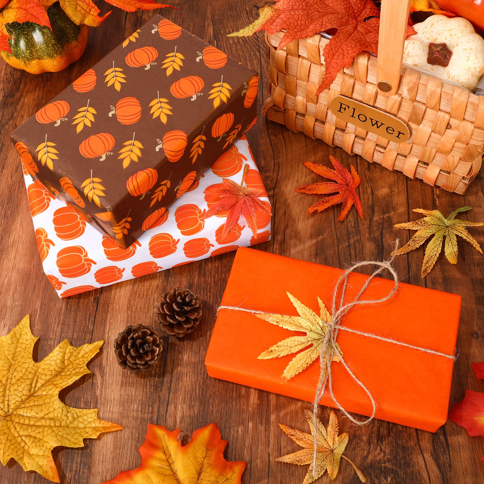 Whaline 160 Sheets Fall Tissue Paper - Pumpkin Wrapped Flat Thanksgiving Gift Wrapping, Rustic Art Paper for DIY Crafts, Home Decor, Party Favors & Gift Bags (14x20 Inch) - Perfect for Autumn Decorations, Seasonal Crafts & Holiday Gift Wrapping
