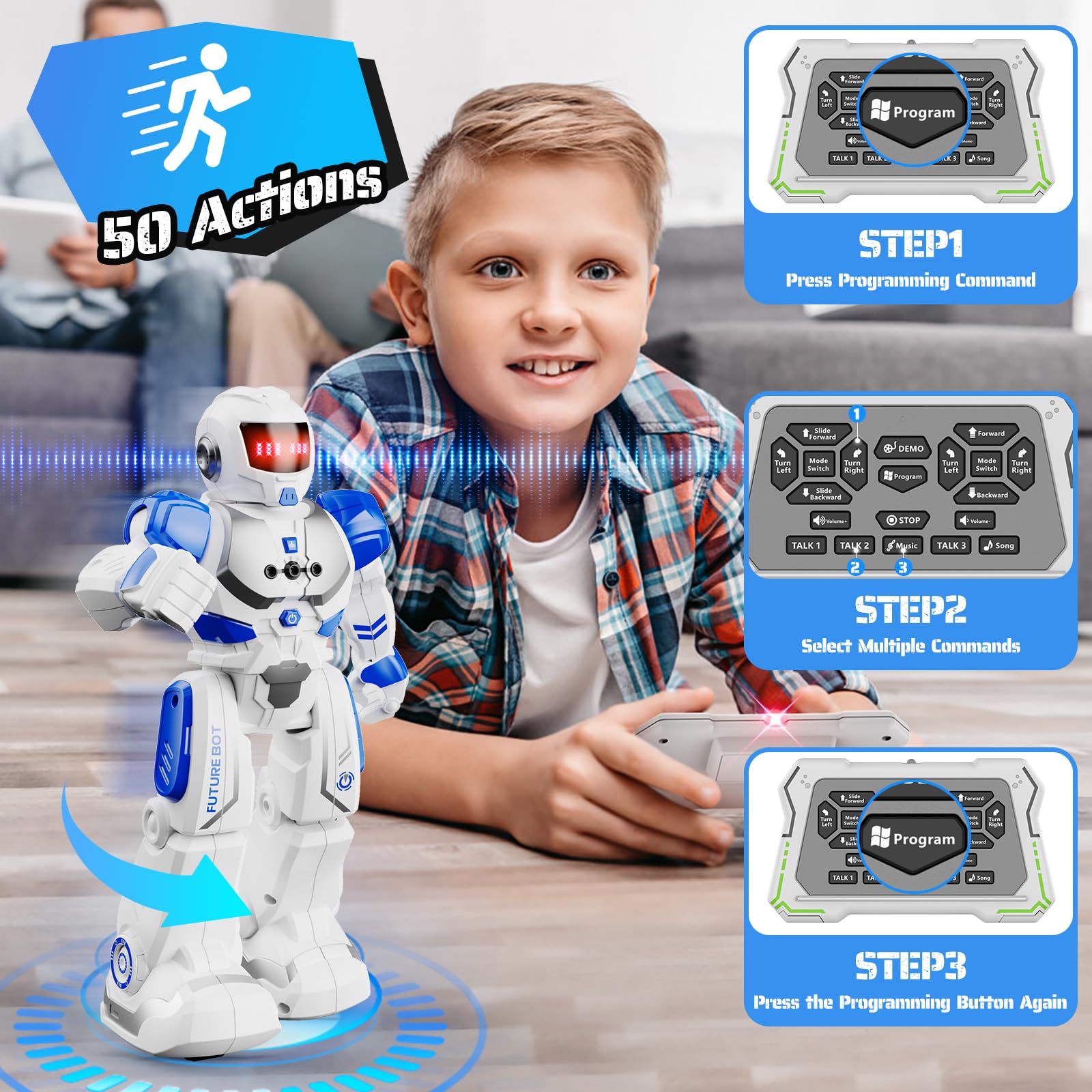 Programmable Remote Control Robot Toy for Kids Ages 3-12 - Smart Gesture Sensing Walking & Dancing RC Robot with Adjustable Volume - Perfect Birthday Gift for Boys & Girls (Blue) | STEM Learning Toy for Home & Classroom Play