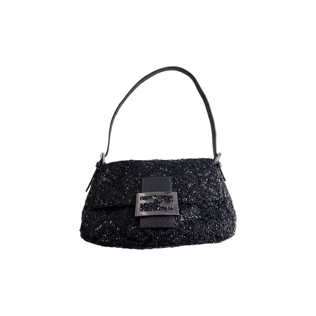 Fendi Black Rose Pattern Beaded Mini Mamma Baguette Bag - Luxury Crossbody Purse for Women, Evening Parties & Special Occasions