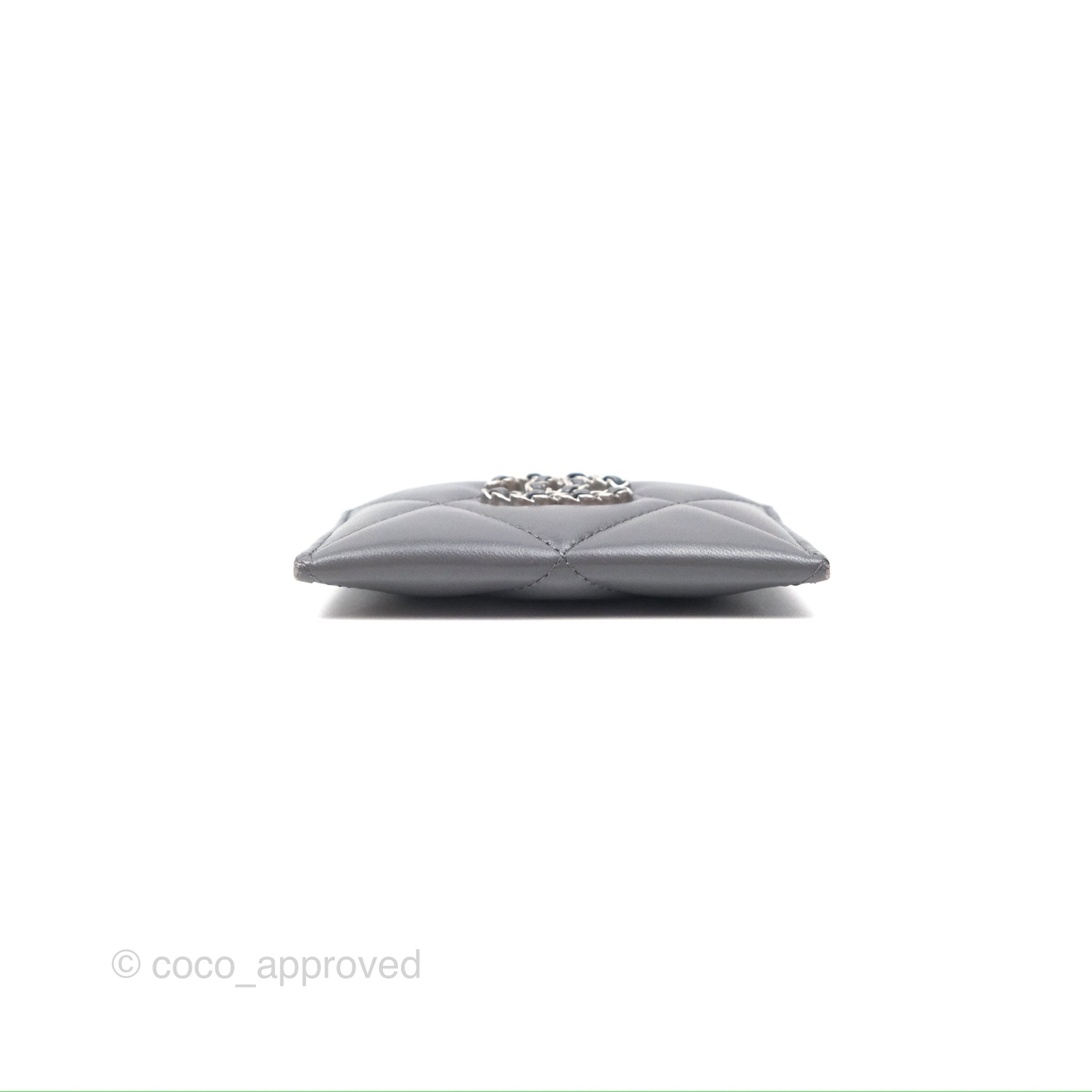 Chanel 19 Quilted Grey Leather Card Holder with Silver Hardware - Luxury Compact Wallet for Everyday Use & Travel