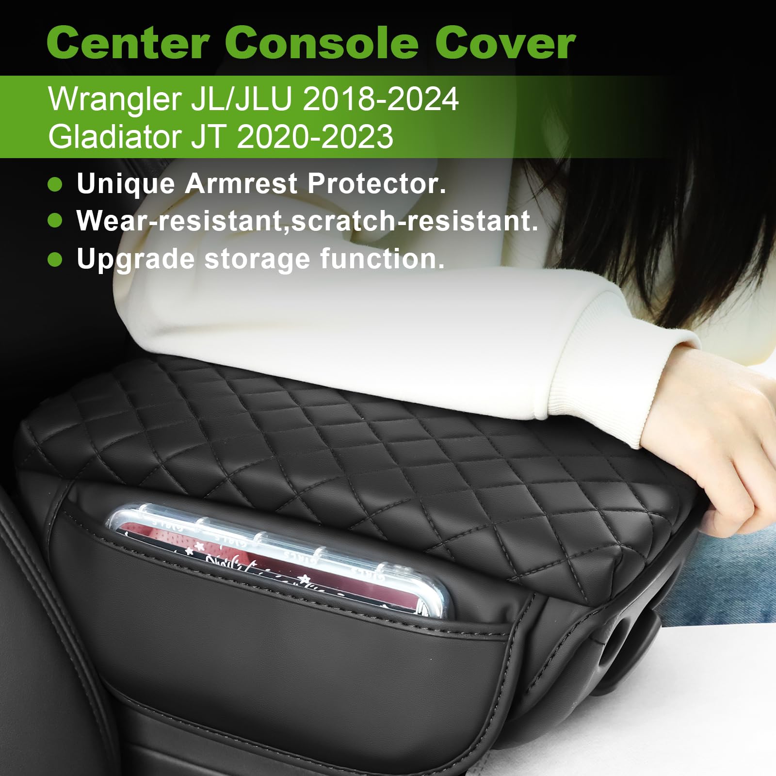 Premium Leather Console Cover for Jeep Wrangler JL/JLU & Gladiator JT (2018-2025) - Armrest Pad with Storage Pockets | Durable Center Console Protector for Comfort & Style | Perfect for Off-Roading, Daily Commutes & Adventure Trips