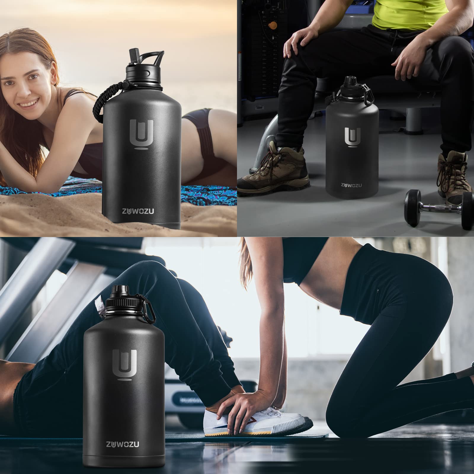 1 Gallon Insulated Stainless Steel Water Bottle with Straw, Spout & Handle - 128oz Large Water Jug for Hot & Cold Drinks - Perfect for Camping, Hiking, Sports, Gym & Outdoor Activities - Black