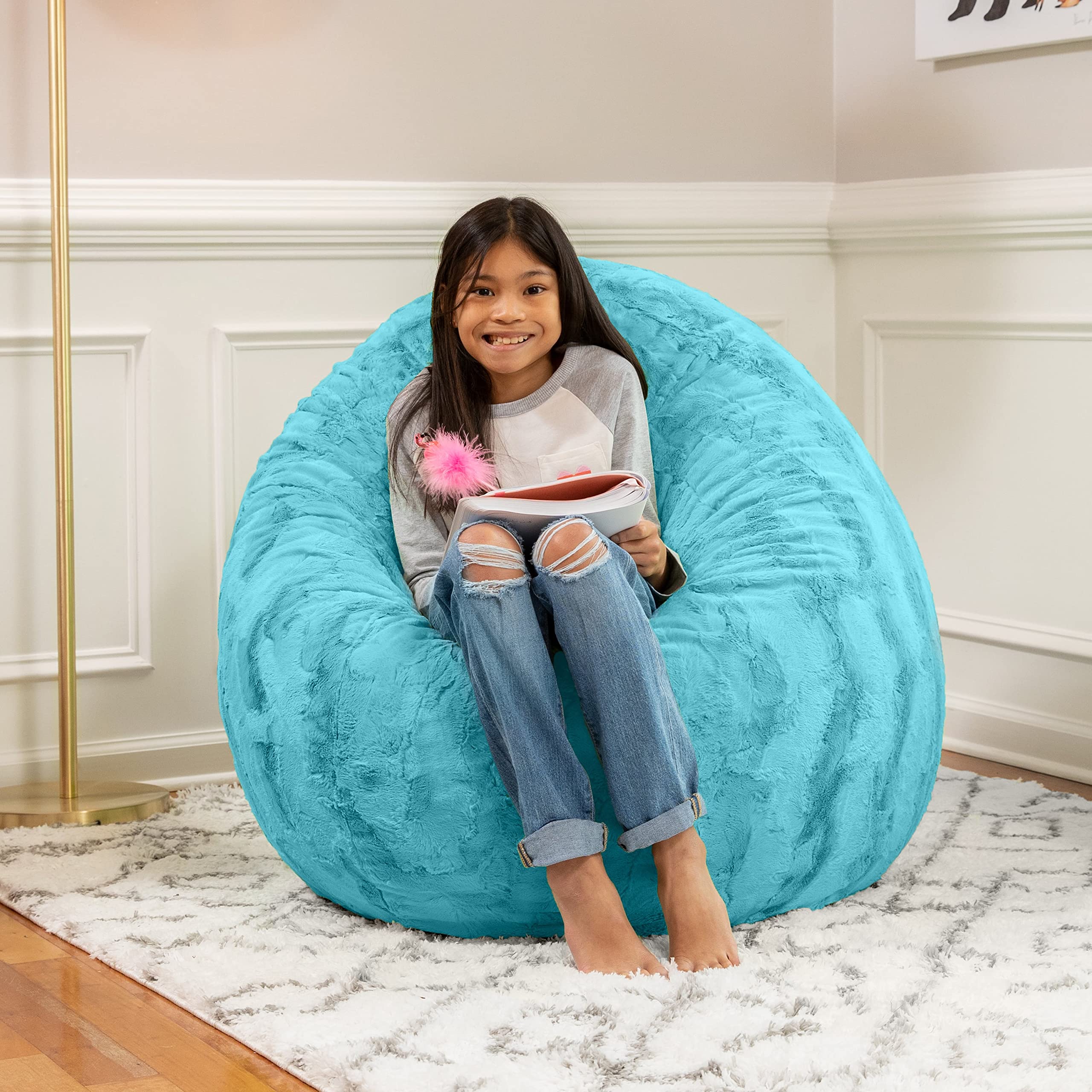 Jaxx Cocoon 4 Foot Oversized Bean Bag Chair - Soft Faux Fur Cover, Maui Turquoise Blue - Perfect for Lounging, Gaming & Dorm Room Decor