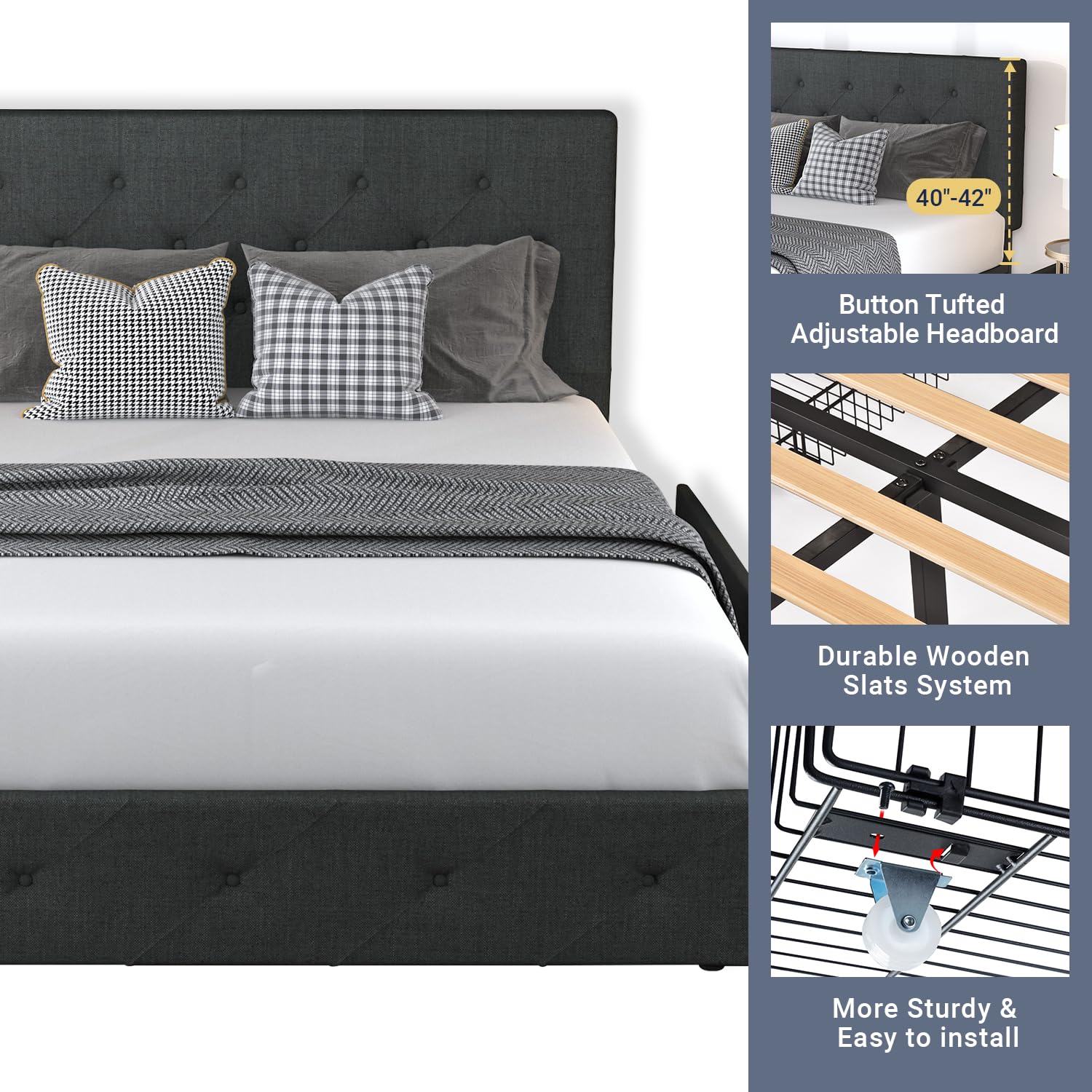 Queen Platform Bed Frame with Storage Drawers & Headboard - Dark Grey for Modern Bedrooms