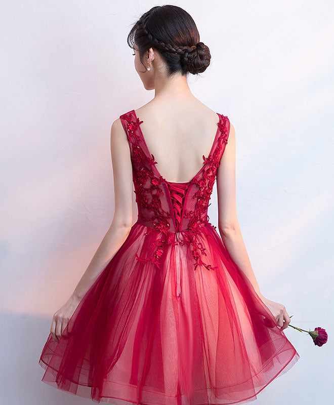 Elegant Burgundy V-Neck Tulle Lace Short Prom Dress | Homecoming Party Gown | Perfect for Dances, Formals & Special Occasions