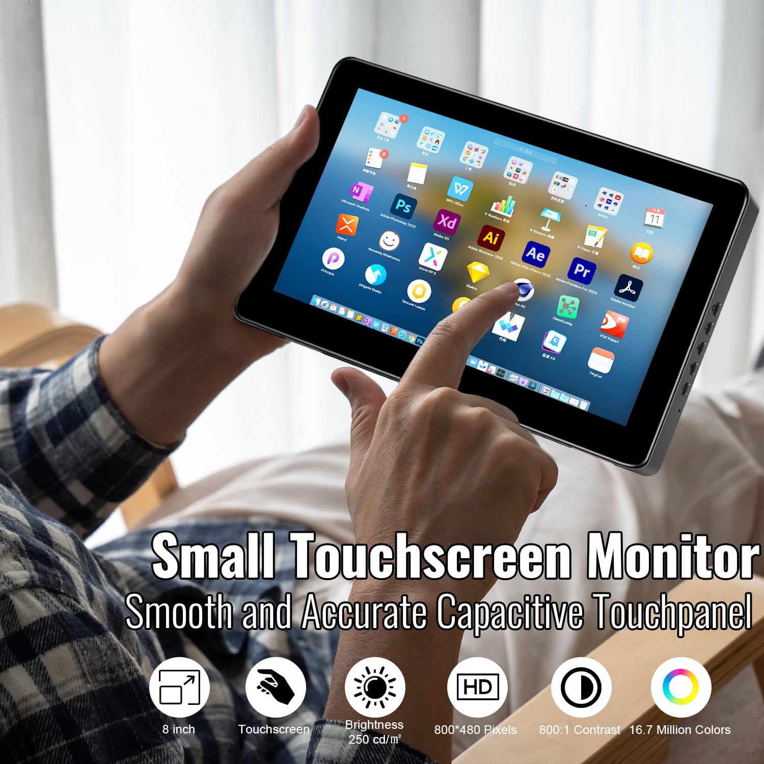 8 Inch HD 800x480 IPS Touch Screen Monitor with HDMI - Portable Mini LCD Display for PC, Laptop & Raspberry Pi - Built-in Speakers for Home Office & Gaming