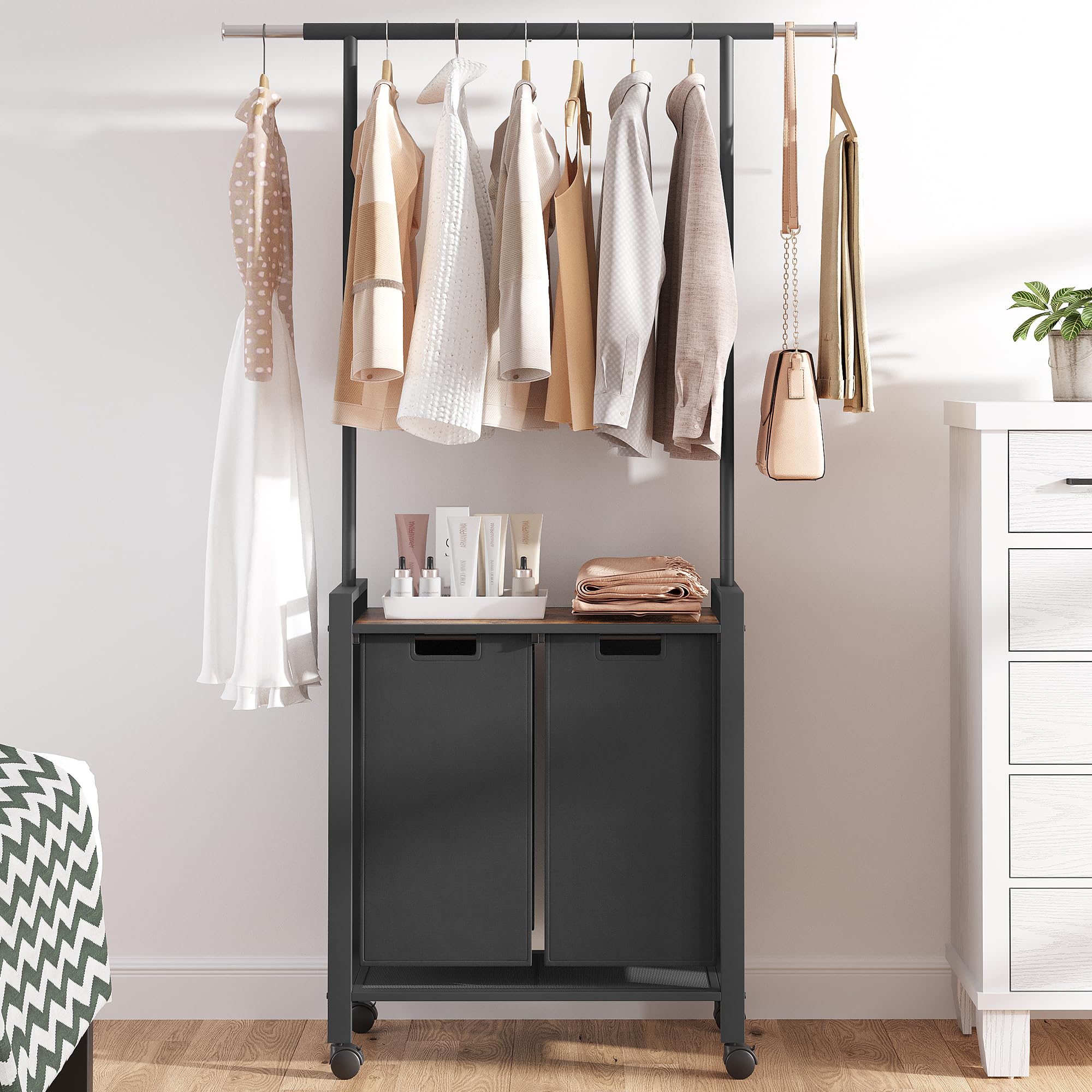 2-Section Rolling Laundry Hamper with Hanging Bar & Wheels - Heavy Duty Clothes Organizer for Bedroom, Bathroom, Dorm - Perfect for Sorting Dirty Clothes & Hanging Garments