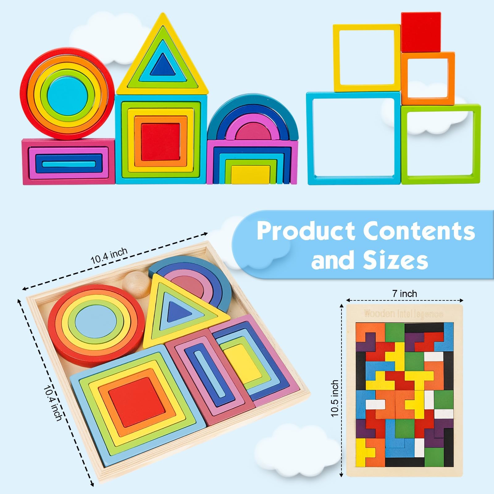 IKUKUER Wooden Rainbow Stacking Puzzle - Montessori Sensory Toys for Toddlers, Educational Building Blocks for Preschool Learning & Early Childhood Development - Perfect for Playtime, Classroom & Homeschool Activities