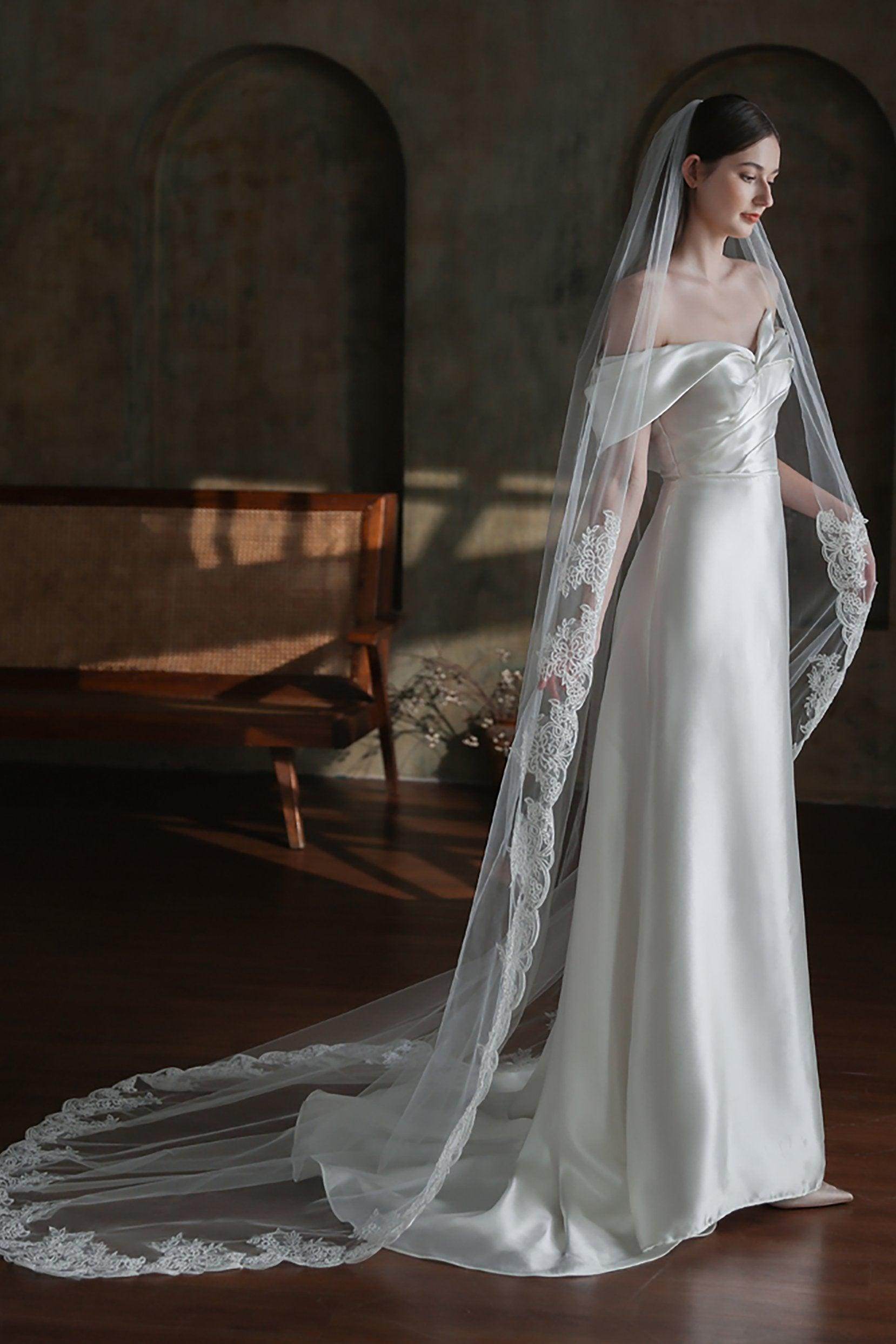 Elegant One-Tier Lace Edge Tulle Chapel Wedding Veil with Appliques CV0317 - Perfect for Bridal Ceremonies, Photos & Romantic Occasions