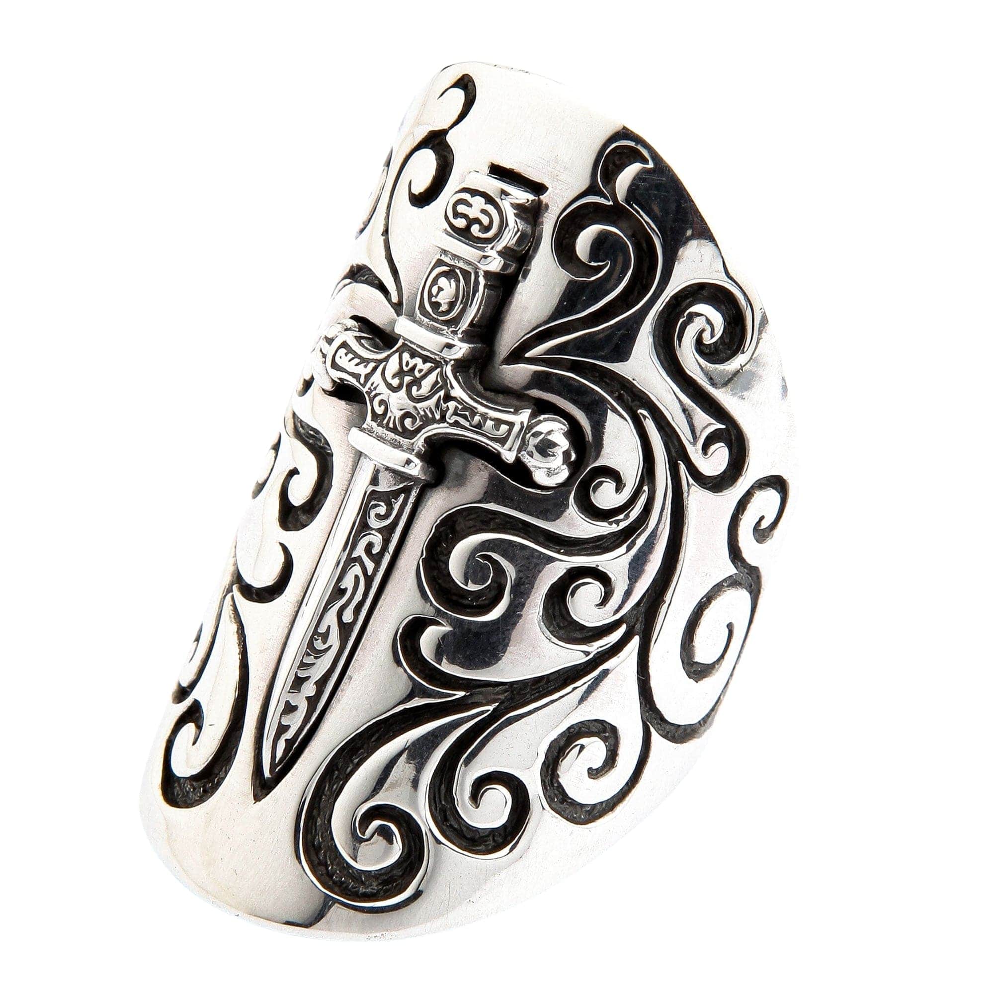 Medieval Shield Sword Sterling Silver Rocker Ring for Men - Gothic Punk Jewelry, Viking Warrior Style Accessory - Perfect for Costume Parties, LARP, and Historical Reenactments
