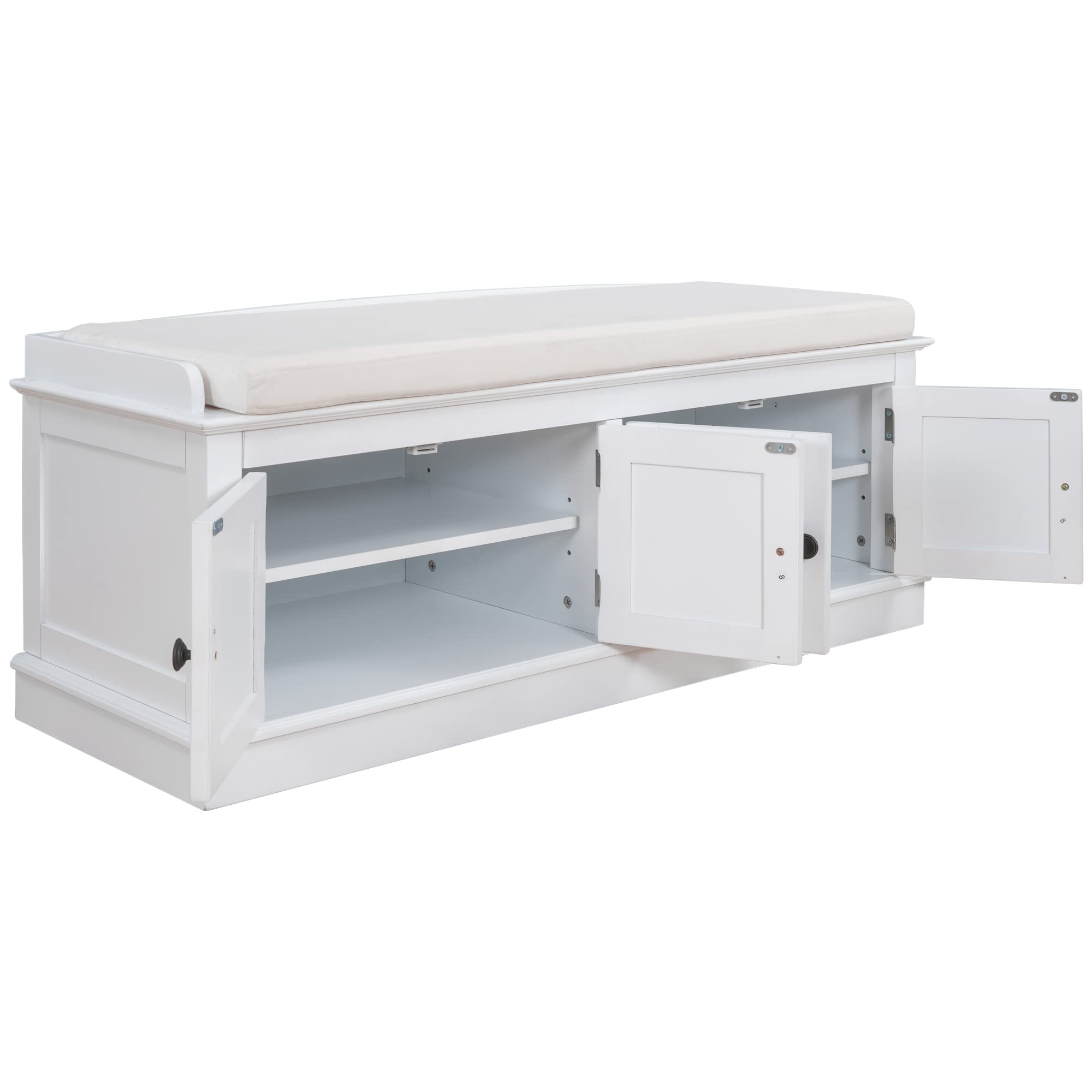 4-Door Storage Bench with Adjustable Shelves & Removable Cushion - Multifunctional Shoe Bench for Entryway, Living Room, Hallway Organization (White) - Perfect for Small Space Storage & Home Decor