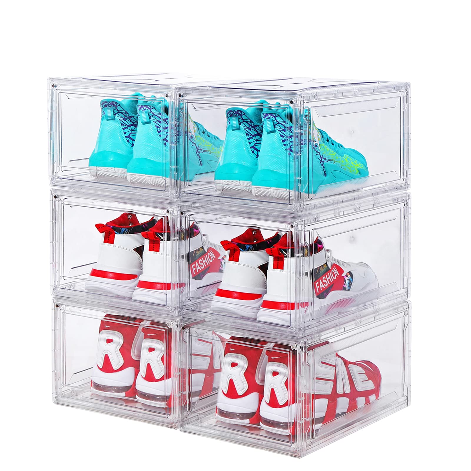 6 Pack Clear Stackable Shoe Storage Boxes - Organizer & Display Bin for Shoes Up to Size 14 | Space-Saving Shoe Rack Solution for Closet, Bedroom, or Retail Store