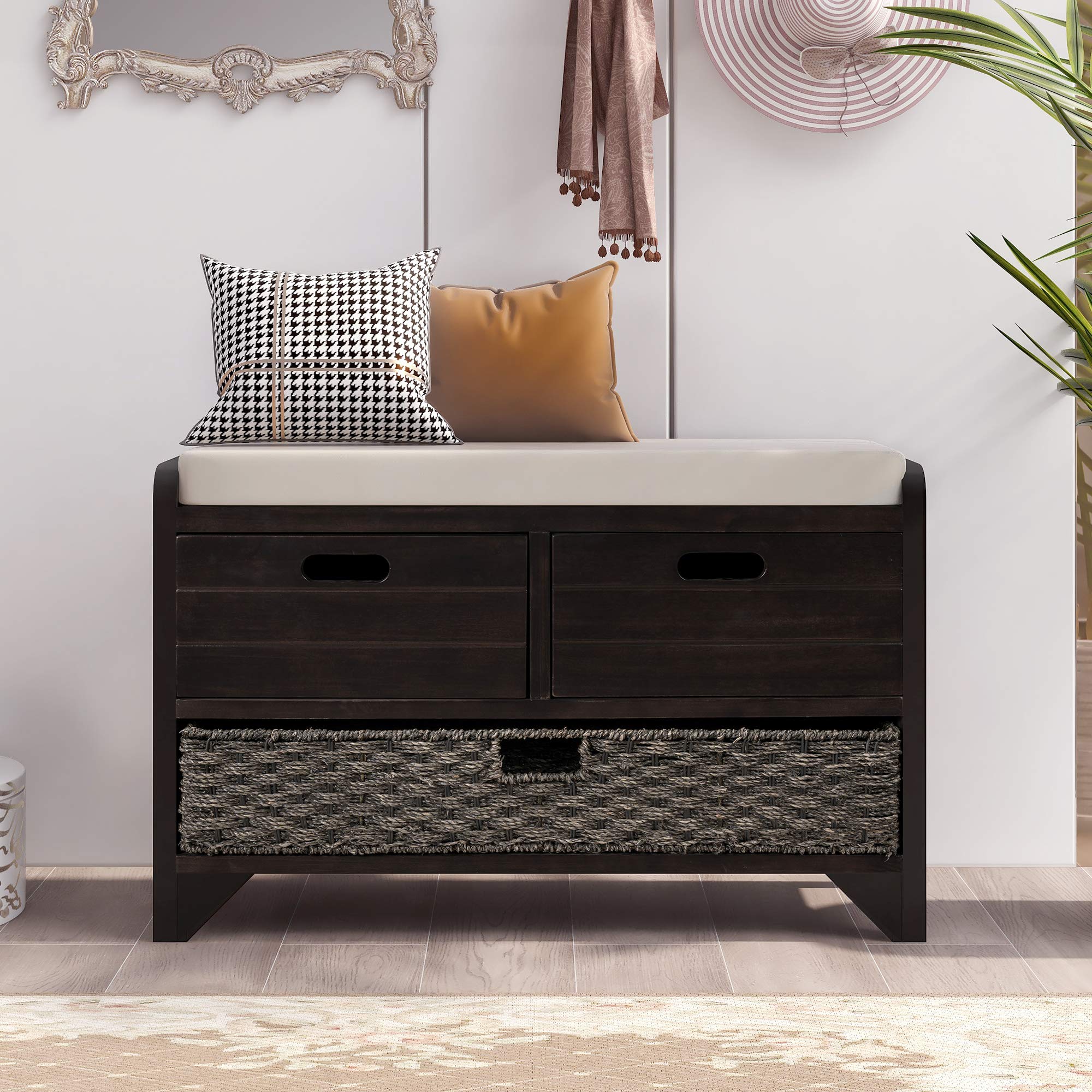 P PURLOVE Fully Assembled Wooden Storage Bench with Removable Basket, 2 Drawers & Cushion - Entryway Shoe Bench for Hallway, Living Room, Bedroom - Perfect for Organizing Shoes, Toys & Home Decor