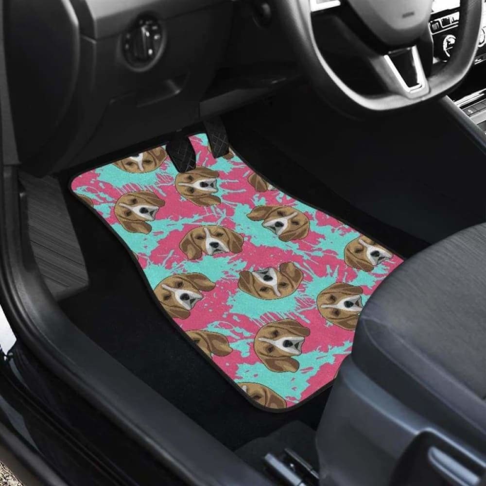 Beagle Muzzles Turquoise Paint Splashes Pink Pattern Front & Back Car Mats for Dogs | Non-Slip Pet Car Floor Protection | Perfect for SUVs, Trucks & Sedans