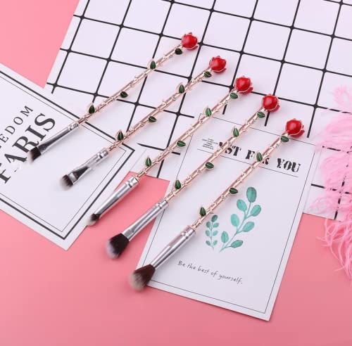 5-Piece Rose Gold Beauty and The Beast Inspired Rose Flower Shape Makeup Brush Set with Gift Bag - Perfect for Eyeshadow Blending & Daily Makeup Application (Ideal for Professional Artists & Home Use)