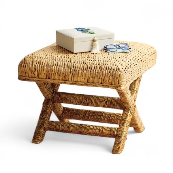 Handwoven Water Hyacinth Bench - Natural Rattan Storage Ottoman with Cushion - Perfect for Patio, Porch, or Indoor Seating