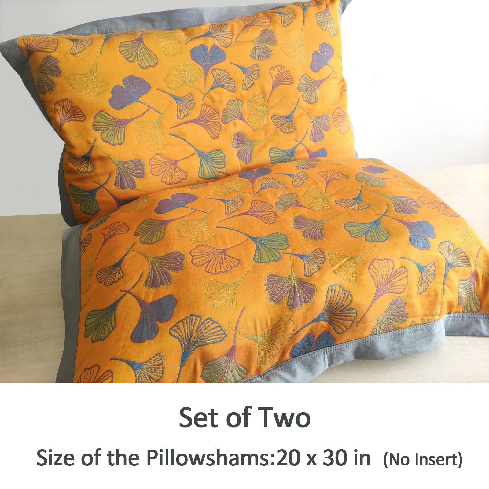 Premium Cotton Embroidered Ginkgo Quilted Pillow Shams Set of 2 - Orange Queen Size 20