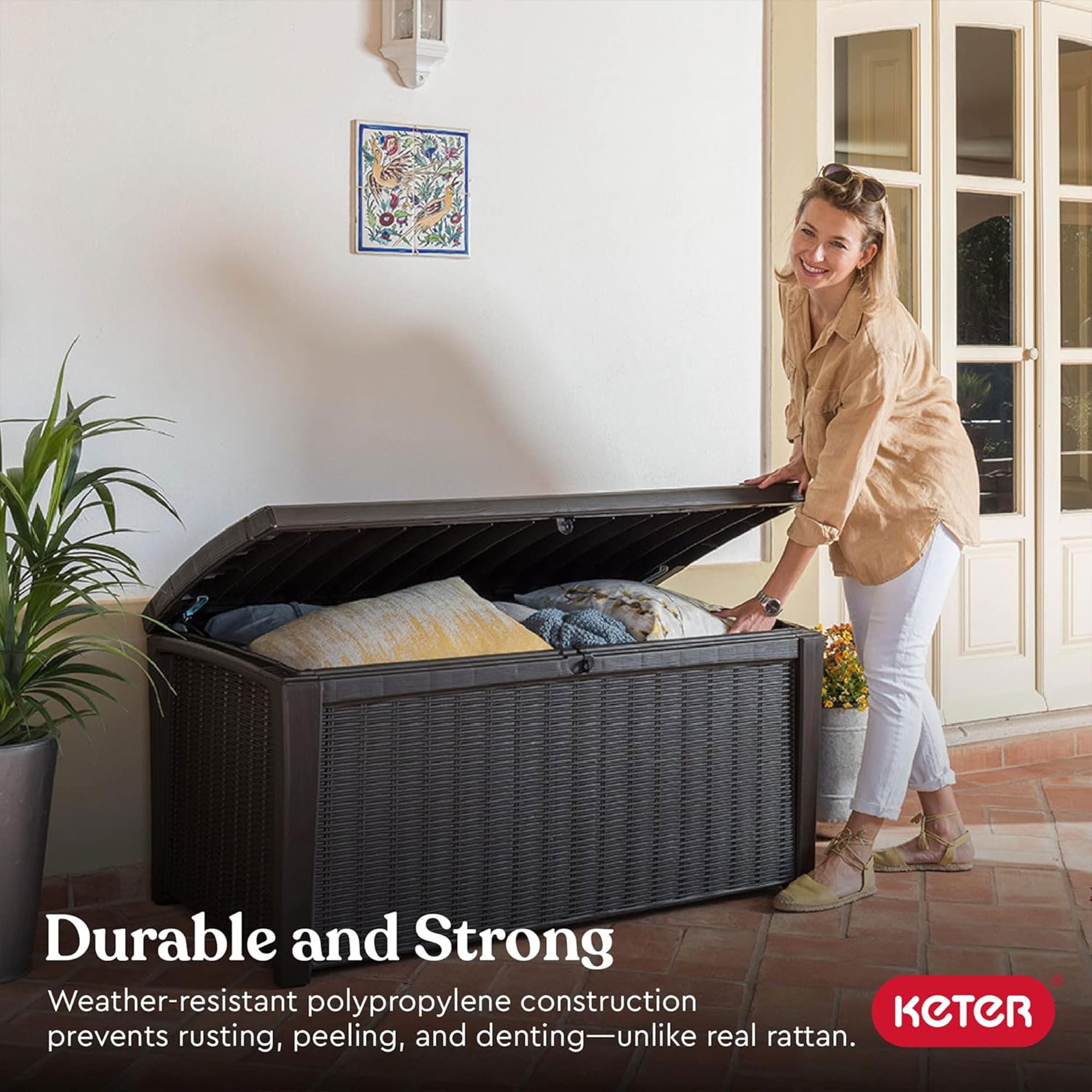 Keter 110 Gallon Outdoor Storage Deck Box - Waterproof Patio Bin for Garden, Pool & Backyard - Durable Grey Plastic Container (Borneo) - Perfect for Storing Cushions, Toys & Outdoor Gear