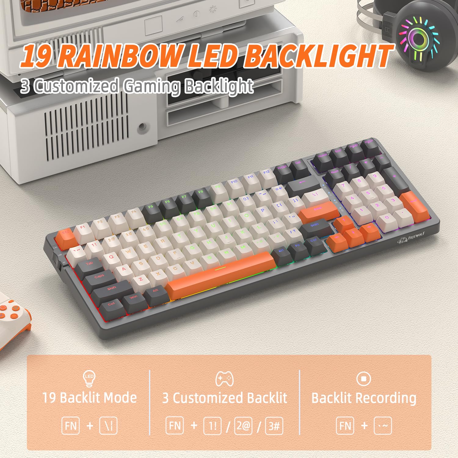 FREEWOLF K8 Wireless Mechanical Gaming Keyboard - Hot Swappable RGB Backlit, Red Switches, Bluetooth 5.0/2.4Ghz/USB-C Tri-Mode, 4000mAh Battery, US Layout for Mac/Windows (Grey/Orange) - Perfect for Gaming, Office Work & Typing Enthusiasts