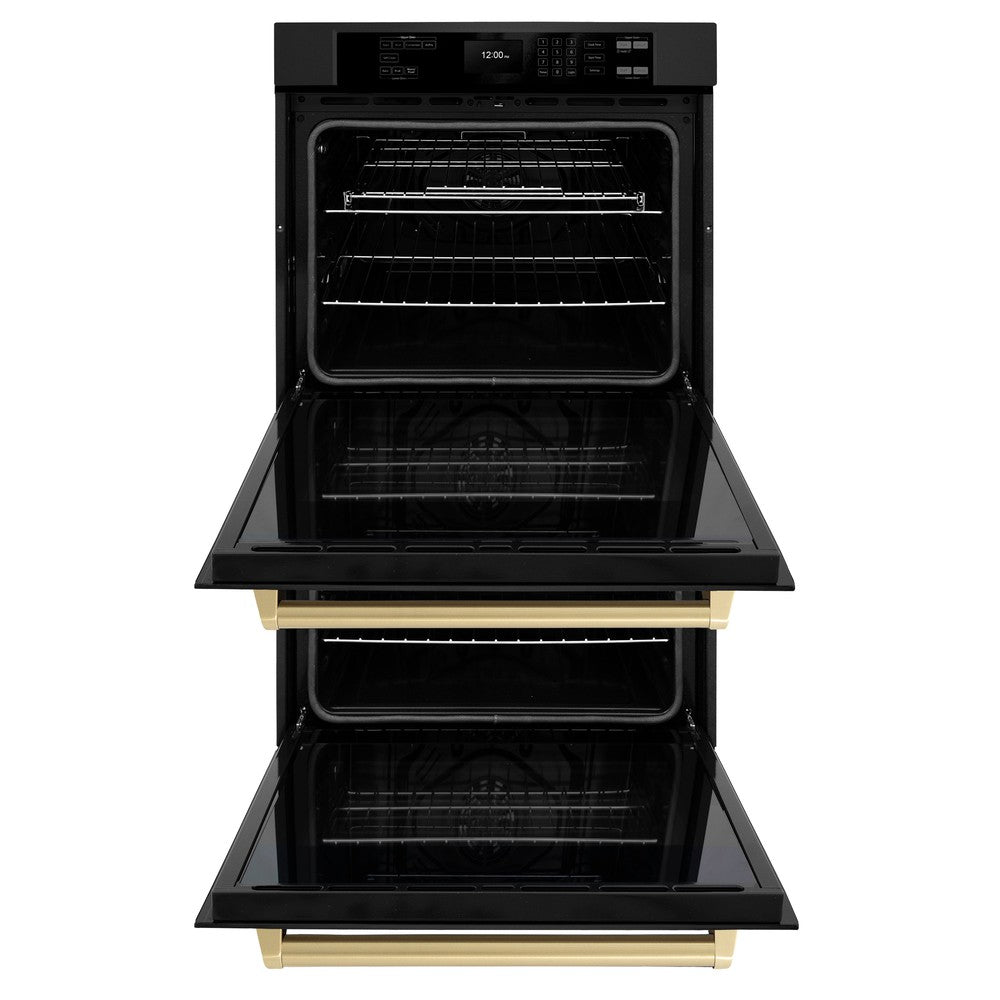 ZLINE Autograph Edition 30-inch Black Stainless Steel Professional Double Wall Oven with True Convection, Air Fry & Self-Clean - Champagne Bronze Handles (WADBZ 30 CB) | Perfect for Home Chefs & Modern Kitchens