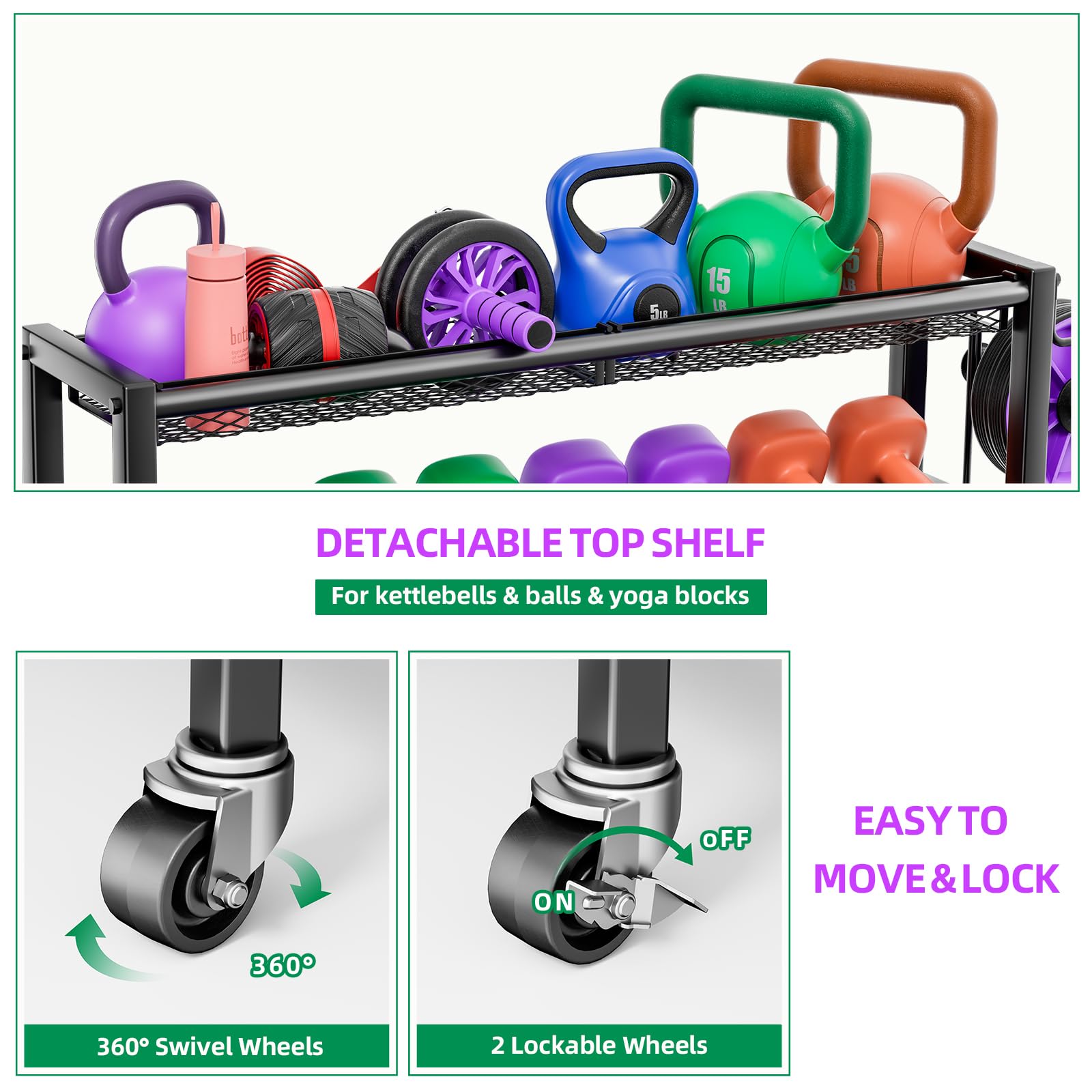 Dumbbell Rack with Wheels - All-in-One Home Gym Storage for Dumbbells, Kettlebells, Yoga Mats & Exercise Balls | Space-Saving Workout Equipment Organizer for Home & Garage Gym